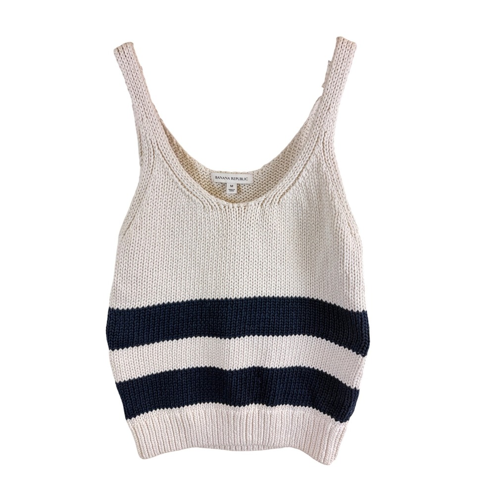 Banana Republic Striped Knit Tank Top Women Medium White Navy Nautical Preppy